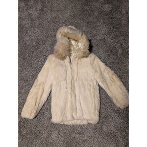 Princess Caravelle Vintage Real Rabbit Fur Hooded Jacket Cream Fox Trim Size‎ 7